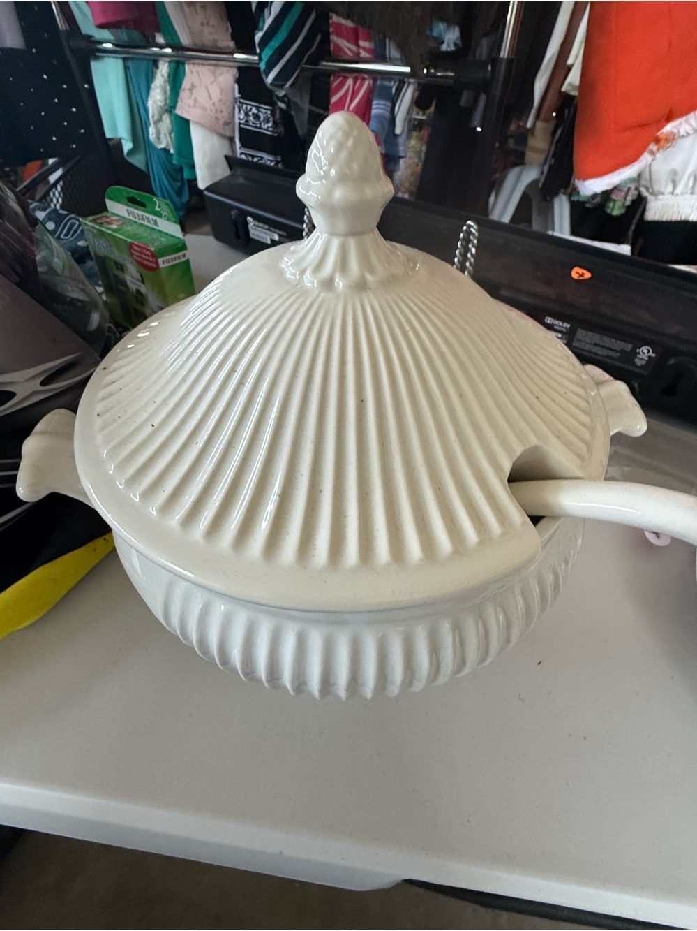Vintage White Milk Glass Covered Soup Tureen with Lid & Matching Ladle